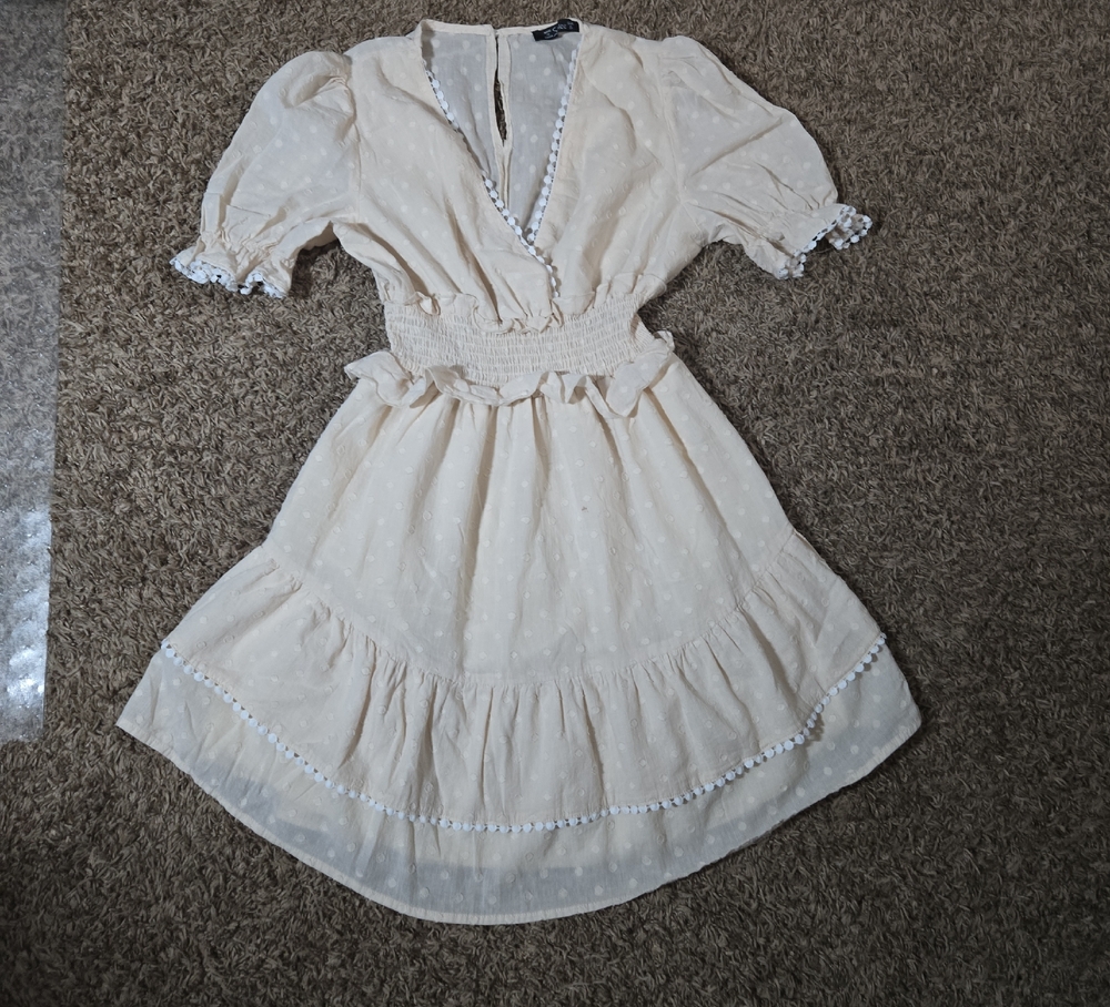 Cream Mini Dress with Puff Sleeves
